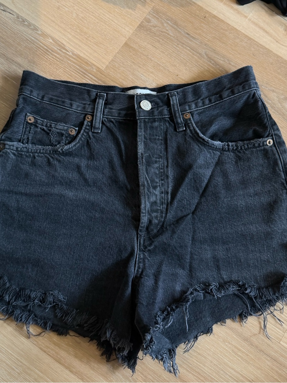 Agolde Black Frayed Hem Denim Shorts